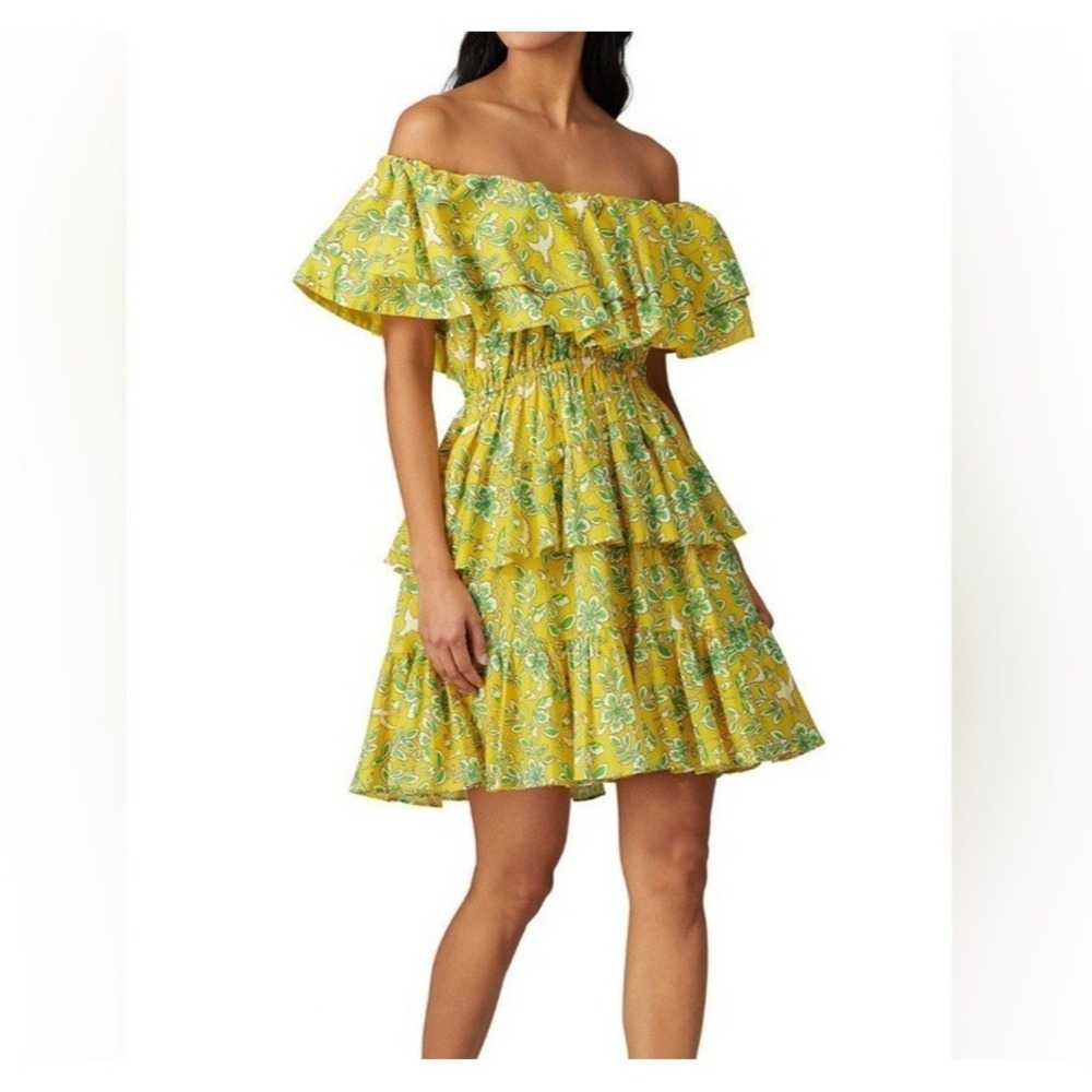 Rhode Dotty Tiered Mini Dress Yellow Eden Size L Cotton Ruffle Floral Bird Print
